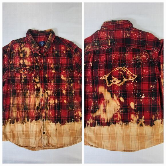 George Other - Arkansas Razorbacks Bleached Red Orange Flannel Button-Up Shirt 2XL 50-52 Hogs